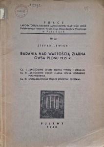 Stefan Lewicki, Badania nad wartością ziarna owsa plonu 1935 r.